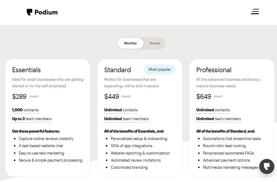 Podium Pricing plan